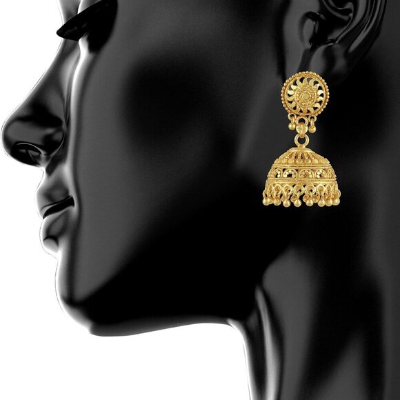 Plated Brass Jhumka Earrings Traditional Indian Dangle Gold Women - Picture 3 of 3